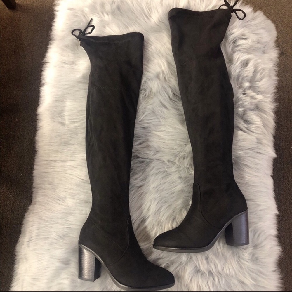Black Over The Knee Boots, Chunky Heel - Picture 4 of 7